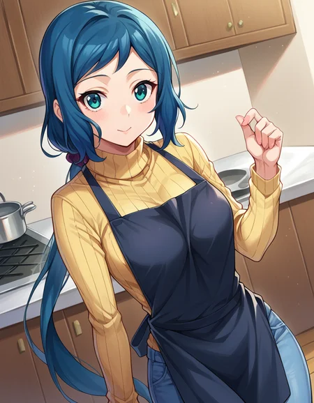 score_9, score_8_up, score_7_up, source_anime,
ioririnko, <lora:iori-rinko-ponyxl-lora-nochekaiser:1>,
iori rinko, blue hair, blue eyes, sidelocks,
apron, denim, jeans, long hair, pants, ponytail, ribbed sweater, sweater, turtleneck, very long hair,
indoors, kitchen,
looking at viewer, dutch angle, cowboy shot,