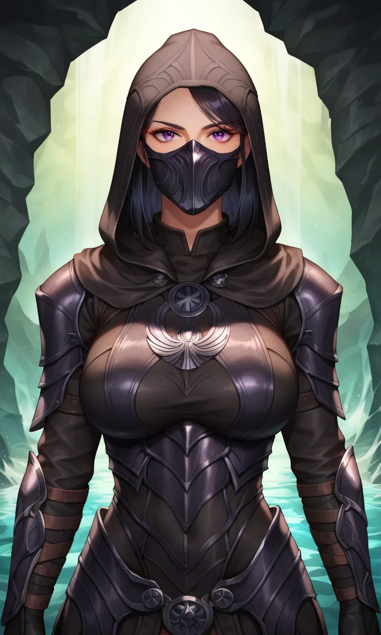 anime studio, anime artwork, anime artstyle, vibrant, score_9, score_8_up, score_7_up, source_anime, 1girl, big breasts, dark hair, emblem on chest, (full pitch black armor:1.2), (black full gloves:1.2), (fully clothed:1.2), masked face, hood, cave, secret hideout, lit by torches, relaxed pose, looking at viewer, upper body, glavakolhoza_nightingale, <lora:glavakolhoza_nightingale:0.6>