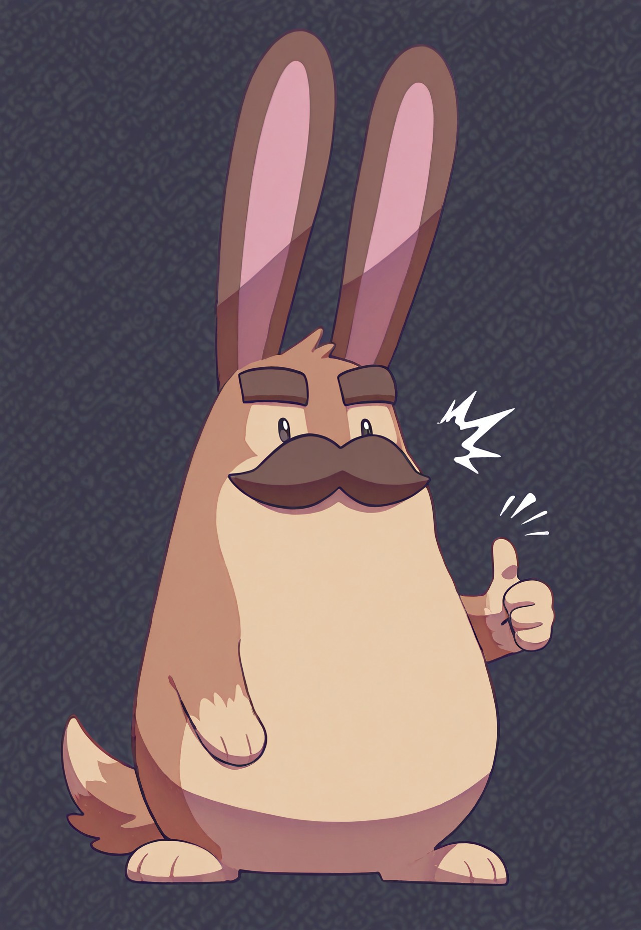 masterpiece, best quality, amazing quality, detailed background, intricate details, dynamic, cinematic, animated, anime realistic shading, solo, male focus, 1boy, handsome, potatow4f, cute, furry, wolf boy, rabbit ears, ^^, moustache, brown fur, wolf tail, thumbs up, abstract, background, text “approved”, dutch angle