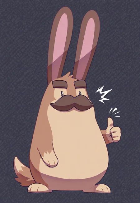 masterpiece, best quality, amazing quality, detailed background, intricate details, dynamic, cinematic, animated, anime realistic shading, solo, male focus, 1boy, handsome, potatow4f, cute, furry, wolf boy, rabbit ears, ^^, moustache, brown fur, wolf tail, thumbs up, abstract, background, text “approved”, dutch angle