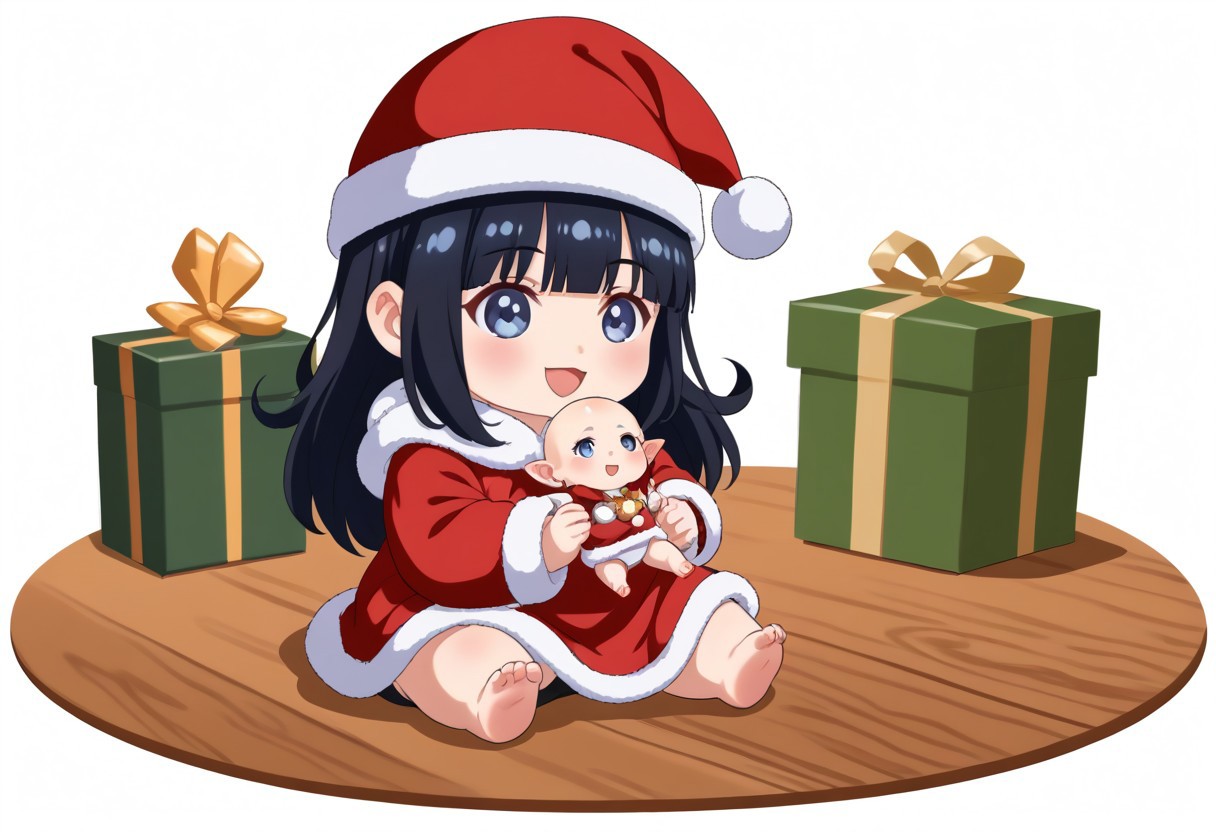 chibi solo, 1girl, medium black hair fluffy blue hanfu, wide long sleeves white hanfu, funny, chibi sitting, infant, toddler,
Fat chibi open christmas gifts, medium, baby, infant, toddler,
 Santa hat, opened mouth, smile, giggled, white background, christmas party, chibi, chibi, infant, force side view, force from side,