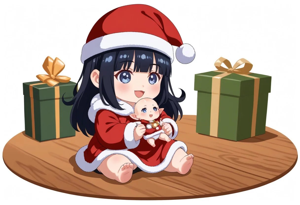 chibi solo, 1girl, medium black hair fluffy blue hanfu, wide long sleeves white hanfu, funny, chibi sitting, infant, toddler,
Fat chibi open christmas gifts, medium, baby, infant, toddler,
Santa hat, opened mouth, smile, giggled, white background, christmas party, chibi, chibi, infant, force side view, force from side,