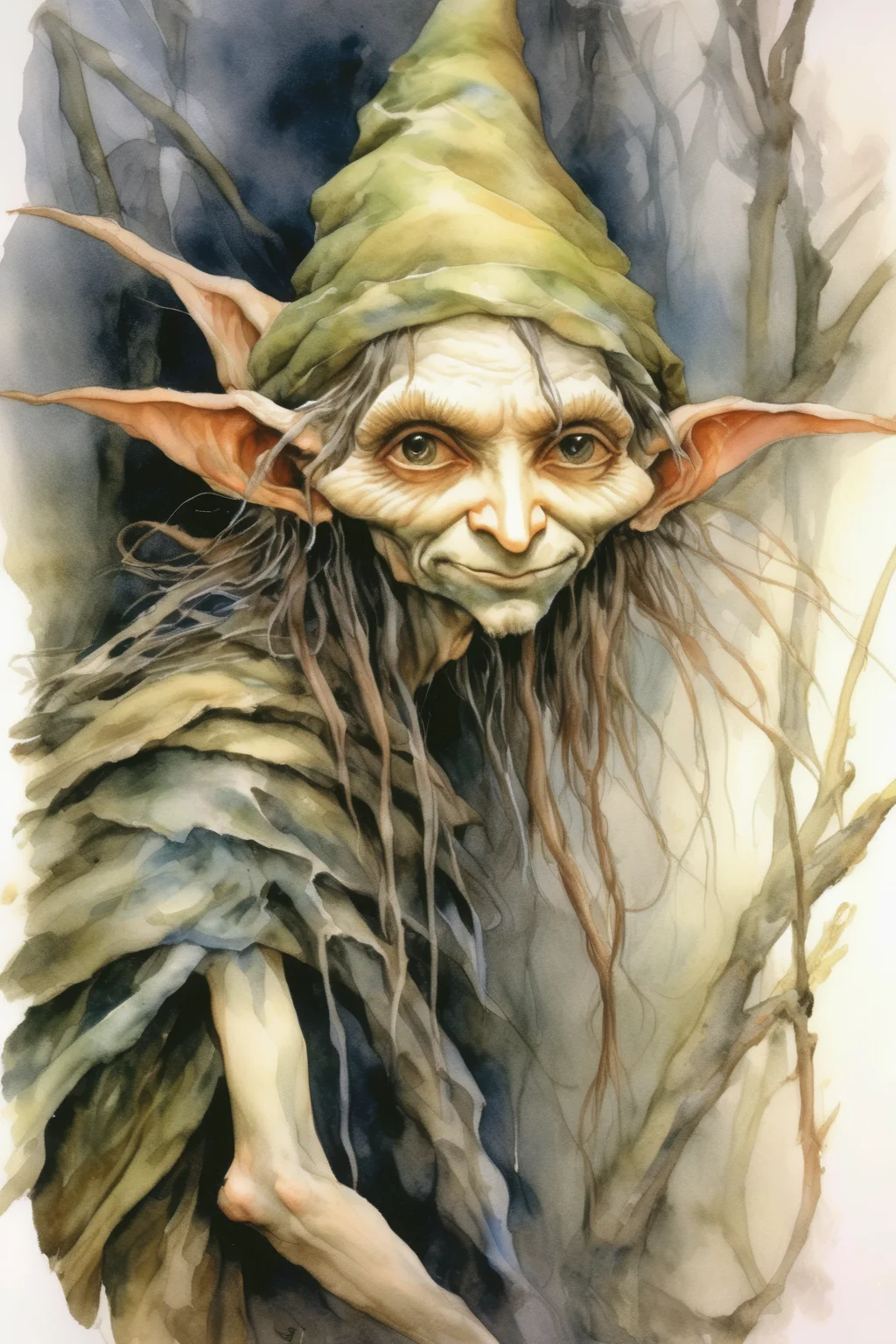 <lora:Wendy Froud Style:1>Wendy Froud Style - watercolor an elf in Brian Froud style. Some are good and some are bad. Fantasy background. Mystical.