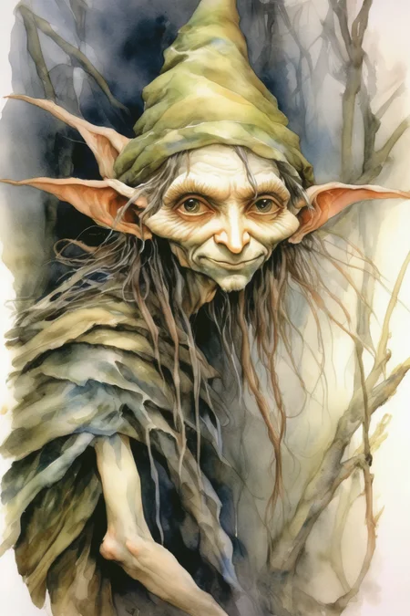 <lora:Wendy Froud Style:1>Wendy Froud Style - watercolor an elf in Brian Froud style. Some are good and some are bad. Fantasy background. Mystical.