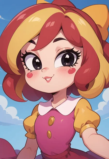 score_9, score_8_up, score_8, 1girl, milia, two-tone hair, black eyes, blush stickers, looking at viewer