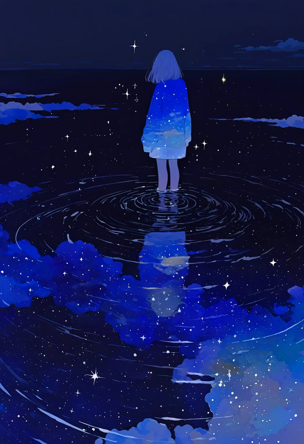 <lora:MF9fMTFYeA==-noobaiXLNAIXL_epsilonPred_V110_V1-CAME>, MF9f, 1girl, cloud, solo, sky, ripples, star \(sky\), wading, from behind, blue theme, facing away, sparkle, standing, water, night, night sky, starry sky, medium hair, cloudy sky, standing on liquid, starry sky print, sky print, horizon, reflective water, scenery, reflection, long sleeves, grey hair, sleeves past wrists, dark, outdoors, arms at sides, black background