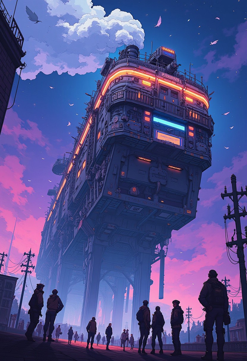 anime, cyberpunk, View from below, extremely tall huge cyber train, two story, balcony, small silhouettes, vivid, high contrast, very colorful bright, the shapes of picture are very squared and sharp, feathers flying, different futuristic people getting ready to depart by this train, ginormous train, steampunk, a lot of steam and smoke coming fills the whole picture, great shadows, UHD, detailed, masterpiece, beautiful night sky