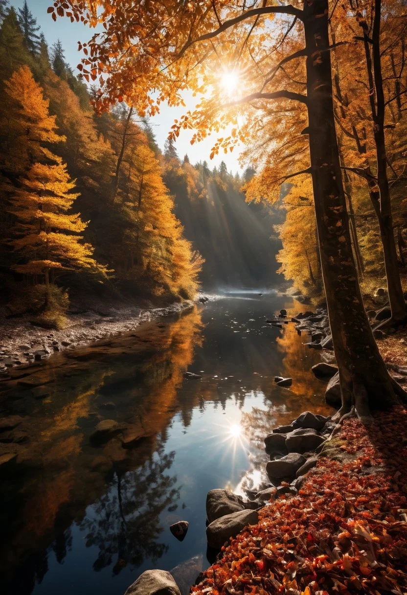 Breathtaking views, nostalgia, detailed landscape, captivating, a harmony of nostalgia and innovation, great lighting, Nature, autumn leaves, fall, forests, campfire a rivers, the light from fire lit up the river, sun, sunlight, beautiful rivers, double exposure, beautiful view, mysterious glow, beautiful clouds, depth of field, masterpiece, best quality, 8k, ultra-detailed, very aesthetic, illustration, superb composition, finest details, , intricate details, absurdres, high contrast, RAW, concept art,