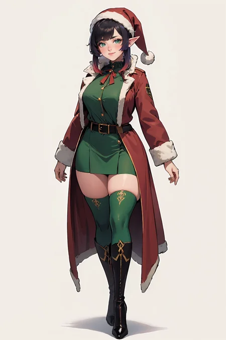 (masterpiece, best quality, highres, high resolution:1.2), extremely detailed, intricate details, 1girl, solo, looking at viewer, clamEmma, <lora:clamEmma:0.6>, (simple background, white background:1.2), full body, santa's elf, green outfit, stocking cap, high heel boots, smile, side-swept bangs, black hair, pink IncursioDipDyedHair, messy mid ponytail, green eyes, thick eyebrows, freckles, <lora:DipDyedHair:0.8>, <lora:weight_slider_v2:0.25>, (cinematic lighting, bloom, volumetric)