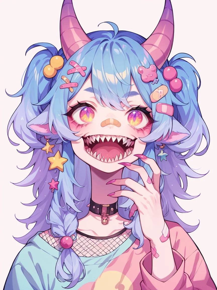 score_9, score_8_up, score_7_up, score_6_up, <lora:p4st3lg0r3XLP:1> p4st3lg0r3, 1girl, pastel,animal ears, bandaid, hair ornament, horns, sharp teeth,