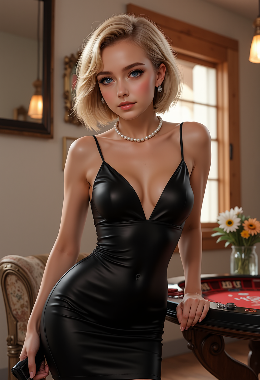 a beautiful woman,from the knees up,Hyperrealistic, she is smiling, dynamic angles, multiple angles, photoshoot poses; A photo of Swat Girl agent x07_V2, a woman with short blonde hair, she has massive breasts, a beautiful girl,She is wearing a black dress, earrings, and a pearl necklace.she has massive breasts,busty breasts, she has piercing eyes. She is a secret agent, standing in a posh casino. a dynamic pose and a sense of action. a house with white plank siding I'm the background, and the lighting is soft, creating a dramatic effect, creating a focused and dynamic pose.; the scene is set in a beautiful well-lit environment, with a sense of action and adventure. Style: realistic hyper-detailed rendering, 32k UHD, expressive eyes, punk, graphic design, girl's face, pretty and cute, gleaming lips, telling a tale of adventure. Exuding confidence and serenity. The overall mood of the image is happy and relaxed, detailed skin texture,(blush:0.2),(goosebumps:0.3), subsurface scattering,with a playful and whimsical tone,niji style,retro50s_style,