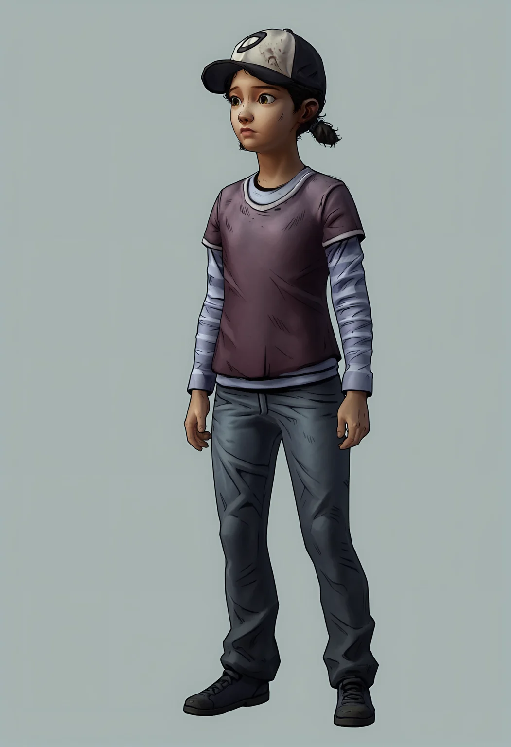 score_9, score_8_up, score_7_up, score_6_up, score_5_up, score_4_up, 1girl, <lora:ClementineS2:0.85> black hair, short twintails, brown eyes, dark skin, hat, baseball cap, shirt, layered sleeves, short over long sleeves, long sleeves, pants, full body, standing,
(light blue background), simple background,