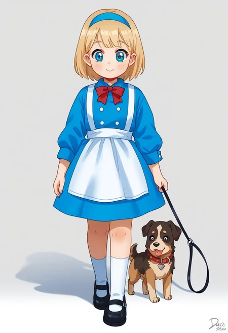 score_9, score_8_up, score_7_up, highly detailed, DSCStyle,
pst006, female cyborg, Alice from Wonderland with mechanical small dog walking beside on leash in parkland, fantasy aesthetic, DSCStyle, round eyes, exaggerated proportions, cartoonish features, anime-inspired, cute aesthetics, cartoonish proportions, stylized anatomy, soft shading, warm color palette, semi-flat coloring, vibrant tones, warm and inviting tones, playful expressions, expressive poses, minimal texture, polished finish, whimsical atmosphere, smooth lines, glossy highlights, minimal detail, clean outlines, consistent line weight, gentle highlights, simple clothing designs, soft gradient backgrounds, focus on facial expressions