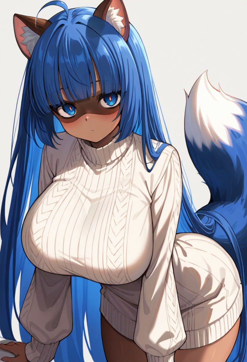masterpiece,best quality,1girl
 <lora:Imyemaro Noob 1.1 Cleaned and Upscales_1:1>imyemaro
 <lora:Tanuki-Kaede-Noob1.1:0.8> ka3de, blue hair, blue eyes, dark-skinned female, raccoon girl, animal ears, brown ears, animal ear fluff, tail, blue tail, white tail tip, blunt bangs, swept bangs, ahoge, very long hair, eye mask