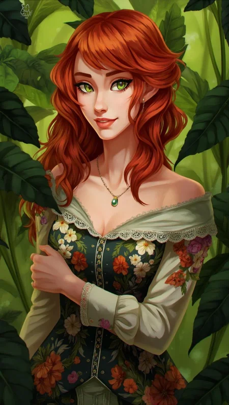 <lora:ck-LttleGhost-000011.safetensors:1> in the style of ck-lttlegh0stStanding against a lush green backdrop, a stunning red-haired woman with fair skin and delicate features is dressed in an exquisite vintage-inspired outfit featuring vibrant floral patterns and lacy trim. Her fiery locks cascade down her back, framing her gentle smile, as she exudes timeless charm. A dainty necklace adds elegance to this captivating digital artwork.
