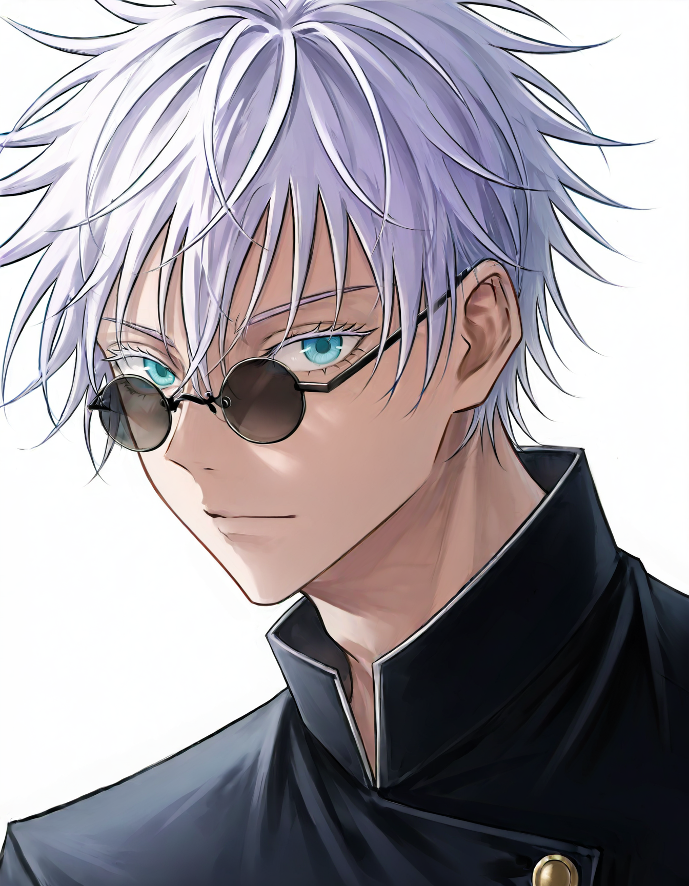1boy, solo, male focus, (gojou satoru:1.5), closed mouth, <lora:sanse_sssei_33:1>, looking at viewer, gakuran, white background
