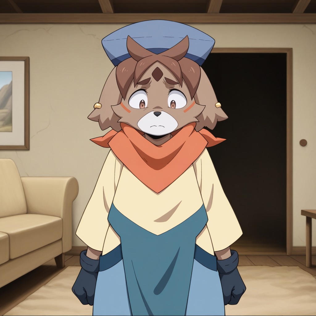 masterpiece, best quality, amazing quality, official style, fr33di3, male, furry male, anthro, solo, dog-like, brown fur, short hair, brown hair, brown eyes, light muzzle, black nose, orange facial marks, forehead mark, two-tone tail, blue hat, gold ear-piercing, orange bandana, black gloves, long sleeved, yellow shirt, blue flaps, blue pants, black shoes, standing, sad, looking down, indoors, living room