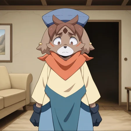 masterpiece, best quality, amazing quality, official style, fr33di3, male, furry male, anthro, solo, dog-like, brown fur, short hair, brown hair, brown eyes, light muzzle, black nose, orange facial marks, forehead mark, two-tone tail, blue hat, gold ear-piercing, orange bandana, black gloves, long sleeved, yellow shirt, blue flaps, blue pants, black shoes, standing, sad, looking down, indoors, living room