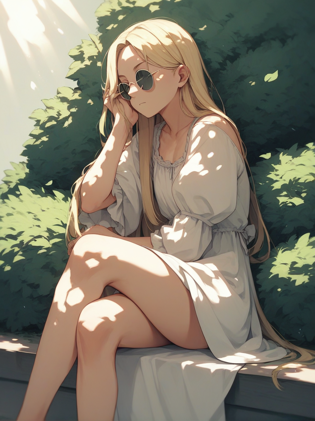 score_9, score_8_up, score_7_up, score_6_up, source_anime, <lora:rayban_sunglasses_v0.2-pony:1>
1girl, blonde hair, 
round sunglasses, 
parted hair, long hair, 
dress, sitting, bush,crossed legs, dappled sunlight, hand in own hair,