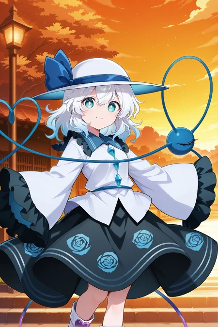 absurdres, highres, masterpiece, best quality, amazing quality, official anime artwork, screencap, anime screencap, outdoors, looking at viewer, light smile, dynamic pose, 
 <lora:Komeiji-Koishi_IllustriousV2:1>  komeiji koishi, 1girl, solo, blue eyes, white hair, wavy hair, medium hair, third eye, heart of string, blue string,, komeiji koishi \(spontaneous white beauty\), alternate hair color, white hat, hat bow, hat ribbon, blue ribbon, blue bow, white shirt, wide sleeves, long sleeves, frilled sleeves, diamond button, black skirt, rose print, white boots, blue boots,