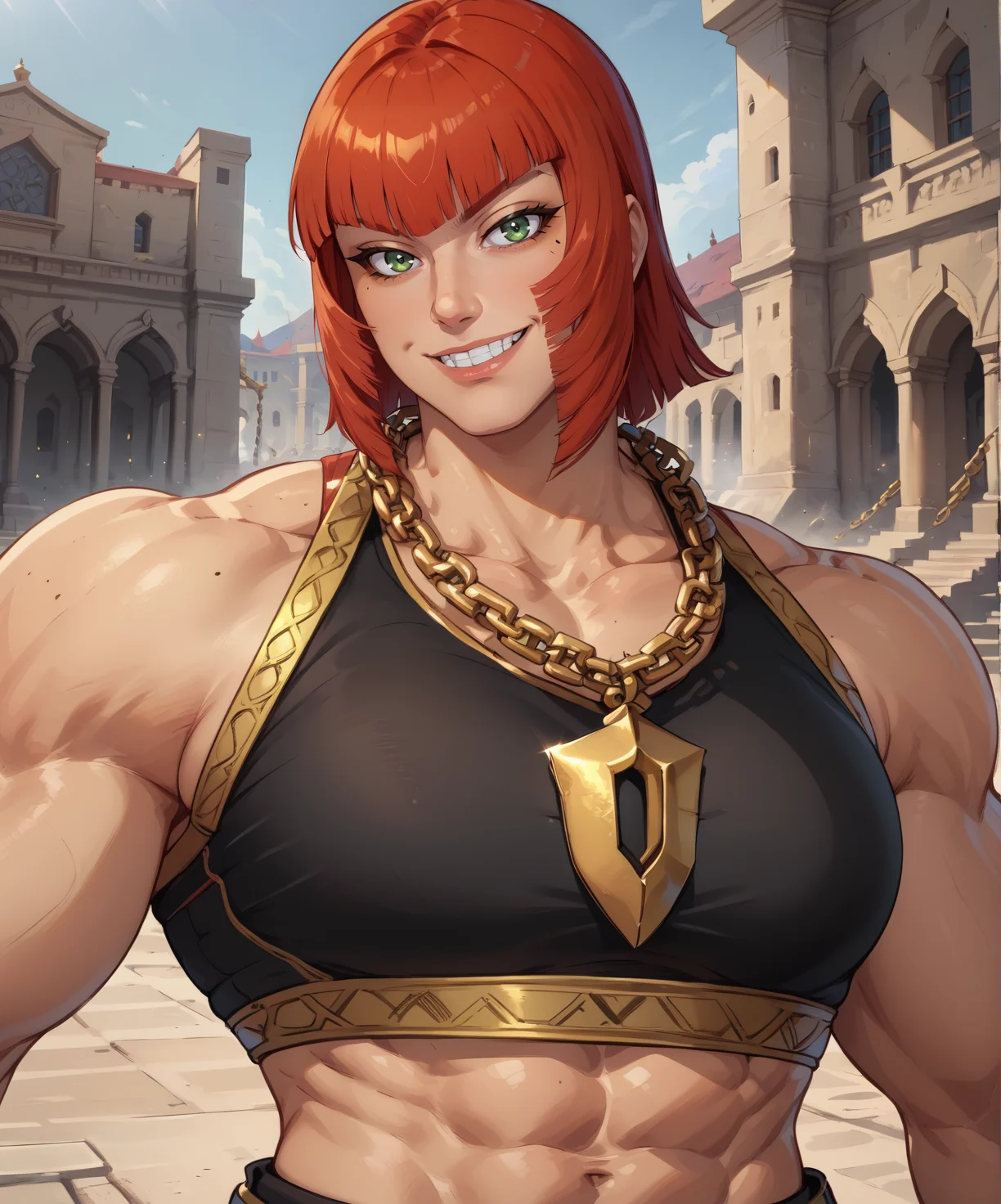 Marisa,blunt bangs,green eyes,evil smile,looking at viewer,muscular,mole under eye,fingerless gloves,black sports bra with gold trim,large chain necklace,
black small skirt with gold trim,
upper body,standing,
arena,outdoors,<lora:marisa:0.8>,