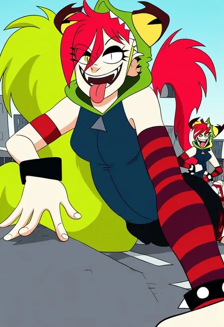demencia, red hair, green ponytail, striped thighhighs, single striped sock, anklet, green monster hood, yellow eyes, sharp teeth, dark blue hoodie, single striped sleeve, red sneaker, blue sneaker, black skirt, smile, eyeshadow, spiked bracelet, zipper pull tab, torn pantyhose, glove, tongue out, Pov-giantess (macrogts:1.1) (laying on a city (prone) at sunset:1.1), the buildings underneath her body are crushed,