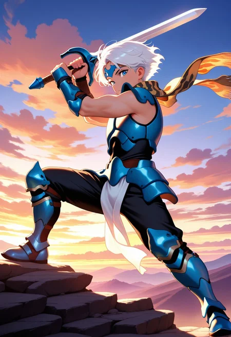 masterpiece, best quality, amazing quality, very aesthetic, absurdres, newest, ceodorff4tay, 1boy, short white hair, sleeveless, circlet, patterned scarf, spiked pauldrons, blue armor, blue vambraces, white loncloth, blue greaves, black pants, holding sword, action pose, looking at viewer, toned male, rocky cliffside, clouds, (((young adult)))