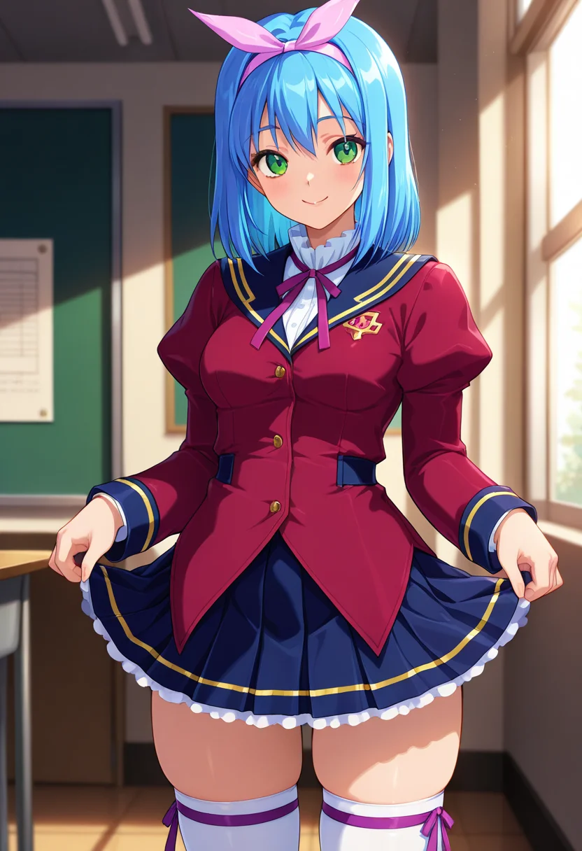 masterpiece, best quality, amazing quality, absurdres, 1girl, solo, cowboy shot, nagisaww, green eyes, blue hair, medium hair, pink hairband, pink hair bow, medium breasts, school uniform, purple neck ribbon, red jacket, white dress shirt, puffy sleeves, juliet sleeves, dark blue pleated skirt, petticoat, zettai ryouiki, white thighhighs, purple thigh ribbon, looking at viewer, smile, indoors, day, skindentation, detailed clothing folds, depth of field, sharp, high contrast, dynamic light <lora:Mizushiro_Nagisa_Gakuen_Saimin_Reido_ill:0.8>