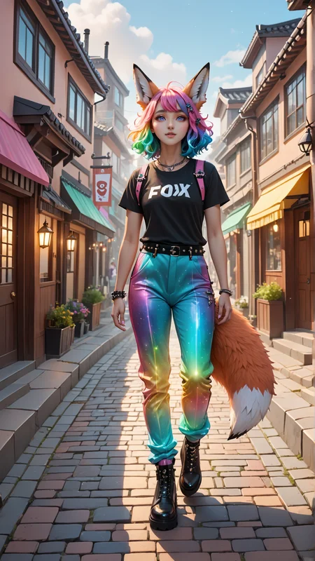 (front view:2), (detailed bearded man gender character:2) wearing detailed (bioluminescent punk style pants:2), flowing rainbow hair and expressive eyes, (fox-like ears:2), (detailed fox one tail:2), (korean regular body shape:2). Walking through a very cozy furry town with pastel color palette, the charming street has cobblestone streets, and (day horizon:1.5). Magic sparkles float in the air, adding a subtle touch of fantasy, doortoinfinity <lora:d\EnvyZoomSliderXL01:-1.25> <lora:doortoinfinity:1> <lora:more_details:1.5> <lora:xl_bioluminescent_dress-1.0:1>