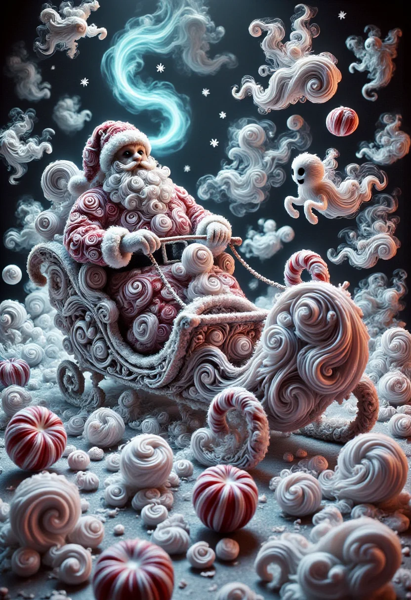 aidmafluxpro1.1, CHRC4ND7, Santa Claus sculpted from peppermint swirls and chocolate truffles, riding a sleigh made of candy canes through a starry night sky. Northern lights in the background, glittering snowflakes falling. Dreamlike and surreal, Dutch angle composition, vibrant colors.