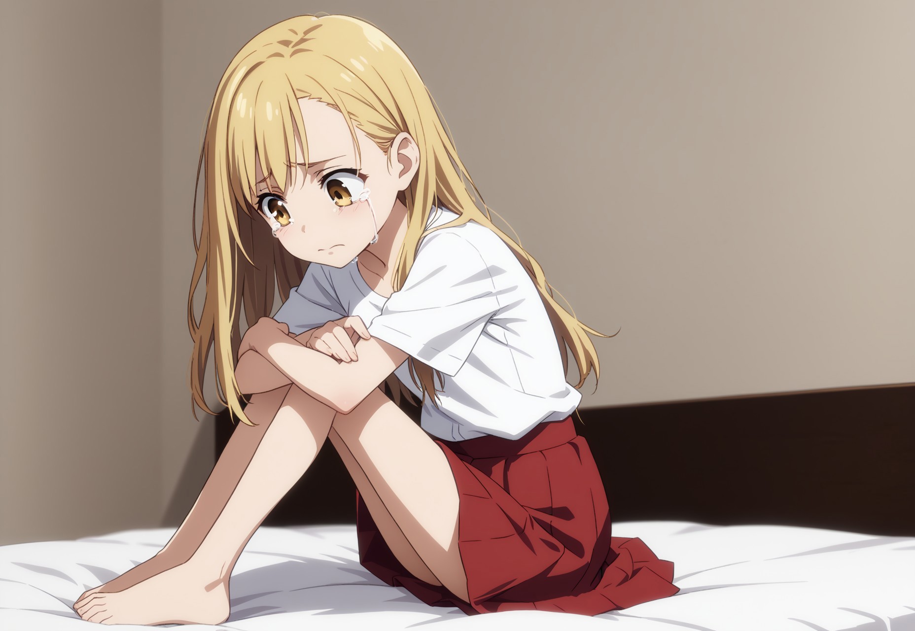 safe_pos, safe_pos, safe_pos, 1Girl, anime style, anime graphics, anime shot, original anime graphics, masterpiece, intricate details, anime colors, anime shading, clear image, perfect color choice,

BREAK

, 168 cm tall, , Score_9, Score_8_up, Score_7_up, fine details, small face, small breasts (((size B))), , long straight hair, golden blonde hair, big eyes, bright golden eyes, straight hair, infinitely cute, pretty, asymmetrical bangs, open hair, masterpiece, anime source, bold colors, soft facial features, petite, cute, narrow face, very petite and slim, flat butt

BREAK

bedroom, sitting on bed, legs bent, arms wrapped around legs, crying profusely, sad, tears in eyes, tears running down face, looking down, side front view, red skirt, white shirt