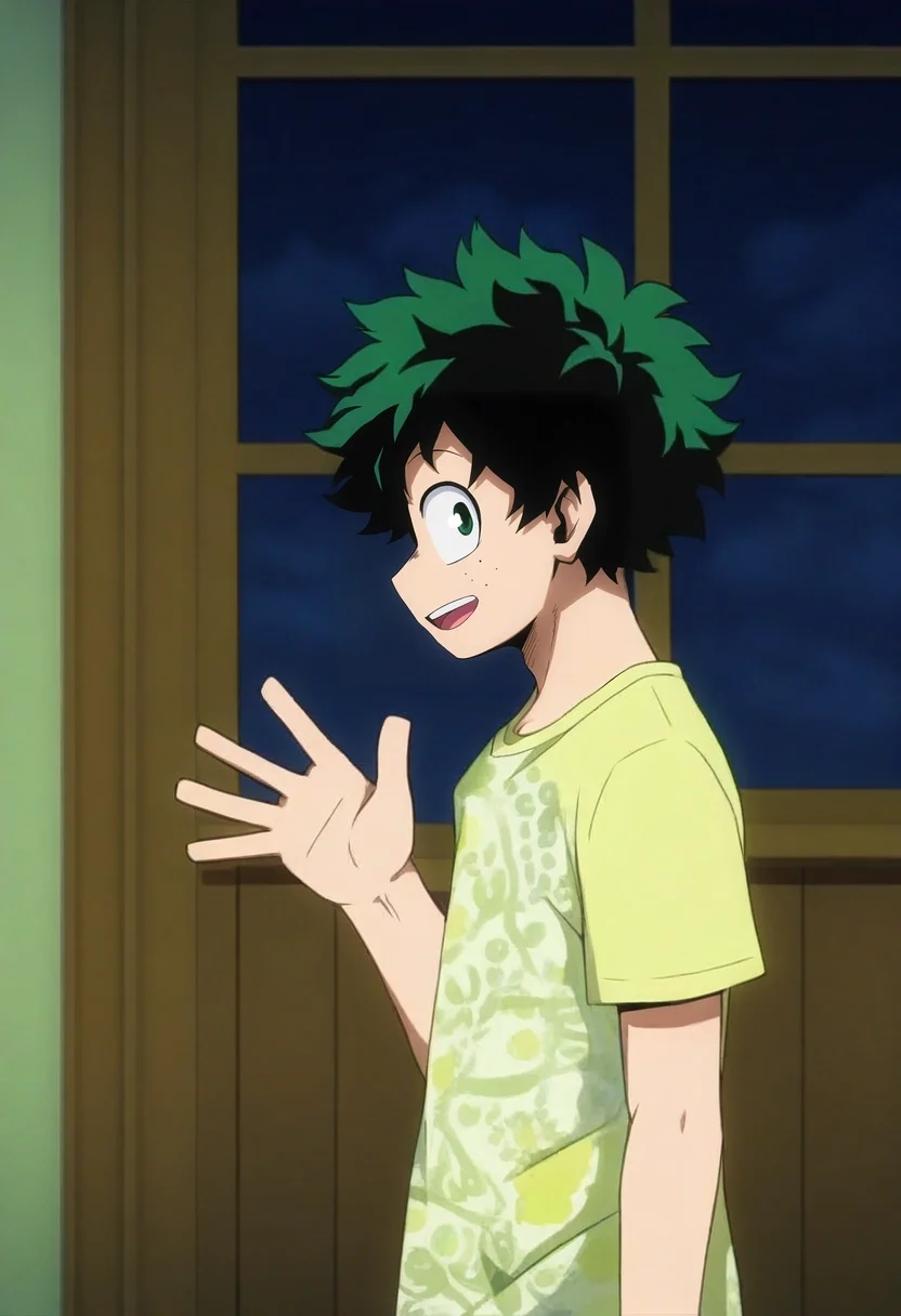 intricate details, anime screencap, , , looking at viewer, , 1boy, solo, male focus, <lora:izuku_midoriya_ilxl:0.9>, izuku_midoriya, green hair, green eyes, short hair, profile, treetops city, indoors, dark, waving, :D,