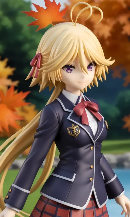 score_9, score_8_up, score_7_up, source_anime, highly detailed figure,looking at viewer, shiny skin, upper body, light smile, petite,ohwx, blonde_hair, purple_eyes, long_hair, short_hair, antenna_hair, ahoge, hair_between_eyes, very_long_hair, ponytail, breasts, hair_ribbon,school_uniform, skirt, ribbon, plaid_skirt, plaid, blazer, bow, jacket, View of Mount Fuji with autumn leaves in foreground, calm lake reflection, serene and majestic scene,<lora:mira_yamana_pony_sobsynapse-000003:0.9>