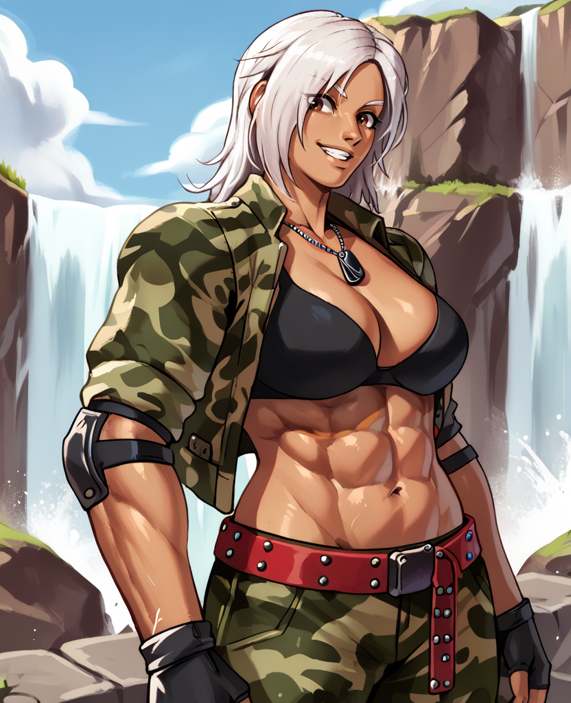 score_9,score_8_up,score_7_up,score_6_up,Vannesaxl,white hair,brown eyes,dog tags,elbow pads,open camouflaged jacket,midriff,camouflage pants,black bra,fingerless gloves,cleavage,sleeves rolled up,toned,upper body,smiling,red belt,waterfall,high mountain,stone floor,clouds,solo,<lora:VannesaXL:0.8>,