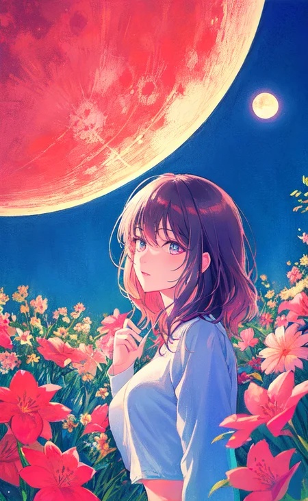 Samia, girl, solo, shirt, looking at you, face,midriff, perfect, flowers, high quality, moon kiss, radiant, moon, red moon, galant