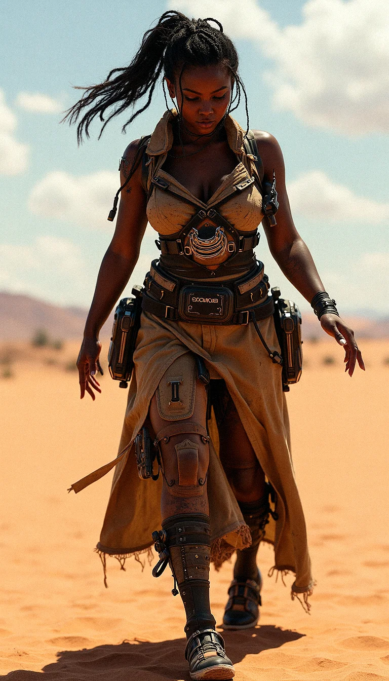 Photorealistic depiction of a beautiful curvaceous dark-skinned female Tech-Nomad in a Post-Apocalyptic Desert,
Aesthetics improvement includes subtle weathering effects on her outfit, such as scratches, dirt, and wear marks, to suggest extensive use and rough conditions.Utilize realistic lighting that reflects off the metallic parts of her outfit, casting dynamic shadows on her and the surrounding environment. Enhance the textures of her outfit to differentiate between fabric, metal, and synthetic materials, giving a tactile sense of realism.
Leaning forward slightly with one hand reaching out in front of her, fingers gently spread, head tilted slightly to the side.