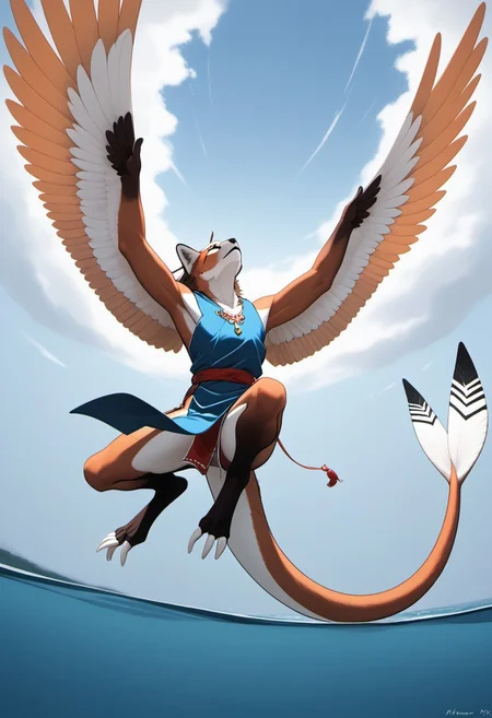 1person, Palagiri, anthro, feline features, feline nose, ((wings)), ((armless)), perfect wings,
Airborne, flying, ((diving, legs back, legs straight, nosedive)), tail straight, wings spread,
3/4 view, dutch angle, perfect wings, prehensile wings, ((prehensile toes, long toes)), ((feathers-tipped tail, fanned tail-tip, tapering-tip tail)),
digitigrade legs, pelvic curtain tunic,
Source: anime, score: 9, score: 8up,