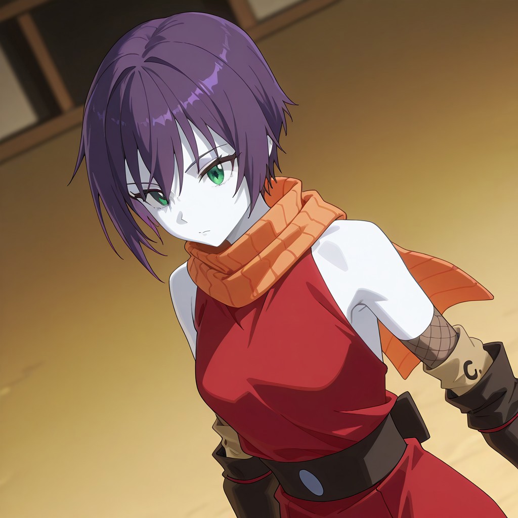 (best_quality, detailed, masterpiece, very_aesthetic, absurdres), general, m.q \(mqkyrie\), (zuharu:0.5)
BREAK
1girl, small breasts, white skin, upper_body, adult, dynamic angle, blurry background
BREAK
souka_cnr, armpit,short hair, green eyes, purple hair,bare shoulders, ninja, red japanese clothes,elbow gloves, boots, orange scarf