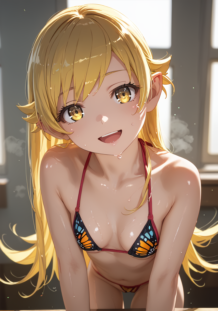 (score_9, score_8_up, score_8, score_9, ASCII score_9), (source_anime), (masterpiece best quality), (beautiful atmosphere), (depth field, 8K, UHD), (sharp eyelid, sharp eyelashes, thick eyelashes, long eyelashes), (sharped face, beauty makeup), (beautiful skin, beautiful face), (curvaceous figure), (perfect anatomy), (beautiful detailed face, beautiful oval face), (Beautiful, natural breasts), (detailed embroidery), (sharp out line), (elegant nose), (unity), (Unreal Engine5), (Figurine body, PVC), foreshortening, skin dentation, Visual Representation, sense of movement, detailed backgrounds, cinematic scene, looking at viewer, extremely close range view, head tilt, :d, smile, open mouth, happy, (oiled, sweat, wet, super wet, shiny, shiny skin, steaming body),
1girl, solo, <lora:å¿é å¿1pn:1>, oshino shinobu, yellow eyes, blonde hair, long hair, pointy ears, butterfly bikini, cupless, crotchless, colored lighting, natural lighting, professional view, professional photo framework, dramatic lighting, particles, <lora:Animegao pn:0.4>, animegao,