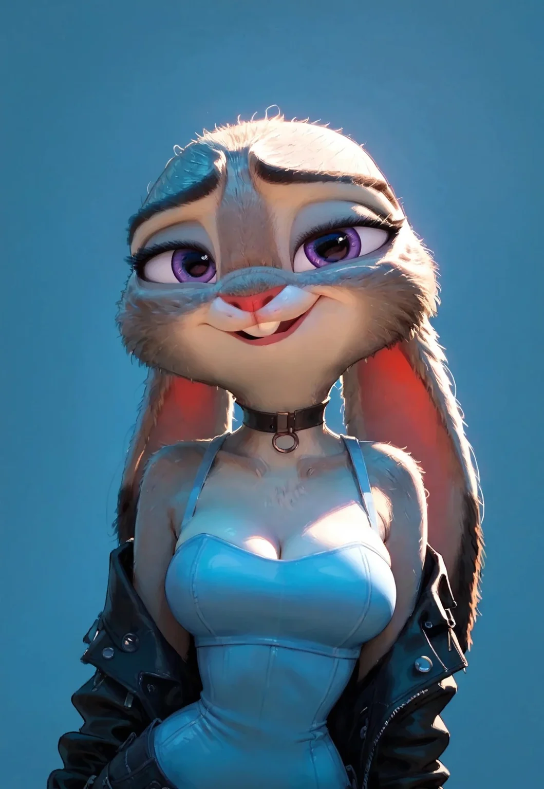 safe_pos, score_9, score_8_up, score_7_up, score_6_up, 1girl, solo, girl 21yo, (judyhopps), tiny bunny furry, bald head, interesting angle, natural round round breasts, perfect face, thin waist, focus on furry, expressive smug, well-lit, cleavage crease, (sexy perfect face), looking at viewer,) sexy, highly detailed, (cute girl), Ju_dy, Expressiveh, open mouth, smile, :d, looking at viewer, choker, jacket, upper body, black choker, black jacket, jeans, 
((simple background)), perfect eyes,  ((medium  breasts, big hips)),
perfect eyes,