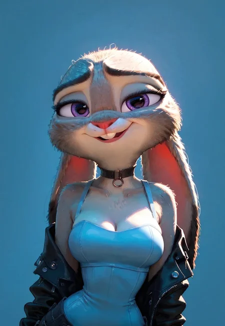 safe_pos, score_9, score_8_up, score_7_up, score_6_up, 1girl, solo, girl 21yo, (judyhopps), tiny bunny furry, bald head, interesting angle, natural round round breasts, perfect face, thin waist, focus on furry, expressive smug, well-lit, cleavage crease, (sexy perfect face), looking at viewer,) sexy, highly detailed, (cute girl), Ju_dy, Expressiveh, open mouth, smile, :d, looking at viewer, choker, jacket, upper body, black choker, black jacket, jeans, 
((simple background)), perfect eyes,  ((medium  breasts, big hips)),
perfect eyes,