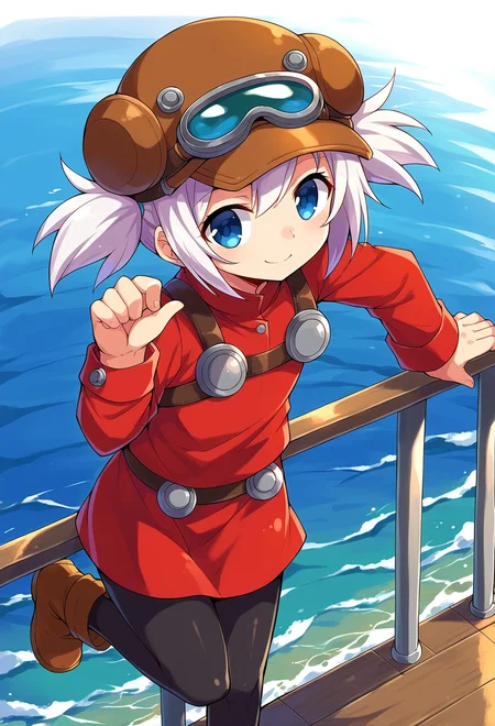 score_9, score_7_up, source_anime, BREAK solo, <lora:Pratty_XL:1> Pratty, blue eyes, short hair, white hair, short twintails, hair through headwear, goggles, brown headwear, red shirt, short over long sleeves, black long sleeves, red skirt, black pantyhose, leather breastplate, brown footwear, smile, ocean, shore, against railing,