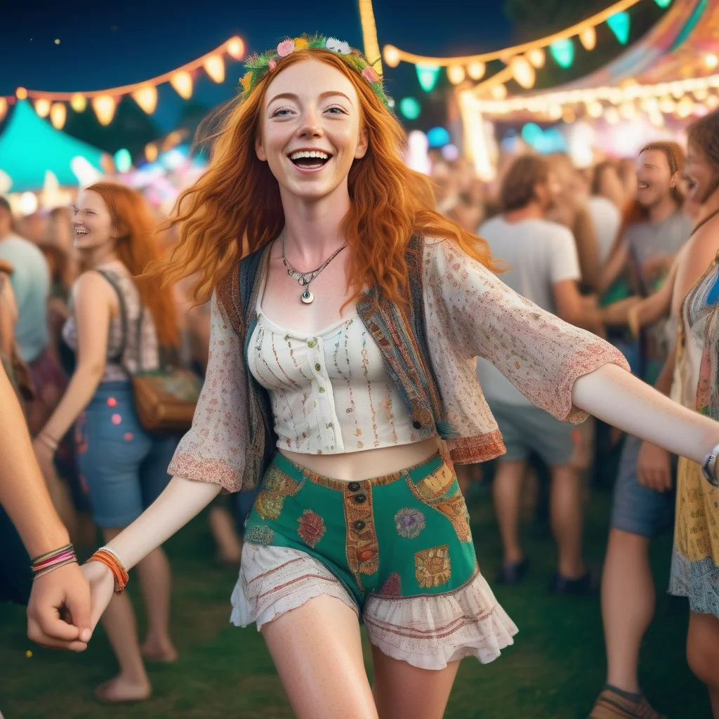 <lora:sophie-molgrin_xl:0.75> sophie-molgrin attending a lively music festival, dressed in a bohemian-style outfit with colorful patterns. Sheâs standing among the crowd, dancing and enjoying the music. Her face is filled with joy and excitement, with festival lights and decorations in the background.