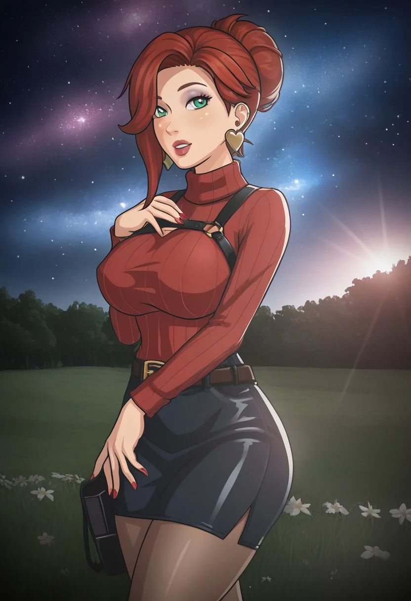 score_9,score_8_up,score_7_up,score_6_up BREAK,
((perfect hand:1.2)),((perfect leg:1.2)), masterpiece, best quality,
beautiful woman, beautiful background, high contrast,
1girl, Martha \(Bones Tale's\),
solo, high detail hair, bun hair, red hair, green eyes, large breasts, looking for viewer, upper body, random background,
<lora:adawong-re-richy-v1:1> adasweater, red sweater, sweater dress, turtleneck, harness, pantyhose, holster, belt, earrings,
gyaru,
<lora:miss_fortune_lol-000010:1>, miss fortune \(league of legends\),
<lora:goodhands:0.7>,
<lora:chara_YofukashiNoUta_Background_v1:0.8>, outdoor, starry sky, afternoon,
<lora:bonestales_themanor_style-000011:1>
