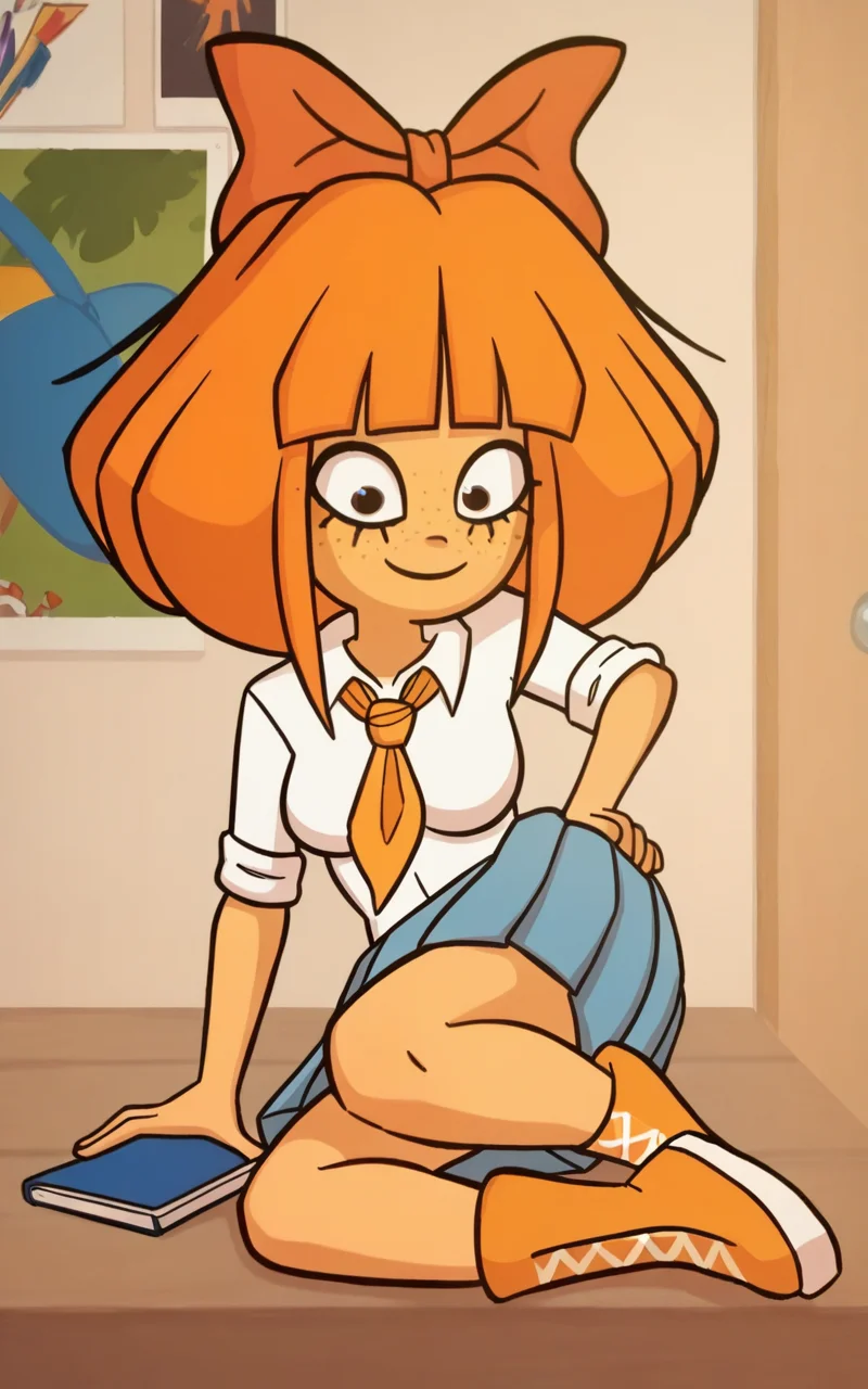 score_9, score_8_up, <lora:zelligxl-v2:1> by studiomassa, 1girl, zellig_mymy, orange hair, hair bow, freckles, medium breasts, school uniform, white shirt, pleated skirt, boots