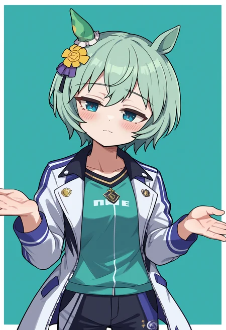 score_9, score_8_up,score_7_up, source_anime, shrugging, hands up, w arms, head tilt,
<lora:shrg_pdxl_EliPot:1> ,aqua background,= =,white jacket,sakusan \(ss-awesome\),green hair,umamusume,hair flower,jacket,yellow flower,breasts,open hands,small breasts,chevrolet,1girl,nascar,seiun sky \(umamusume\),short hair,horse ears,chibi,absurdres,hair ornament,animal ears,highres,solo,blush,horse girl,border,white border,flower