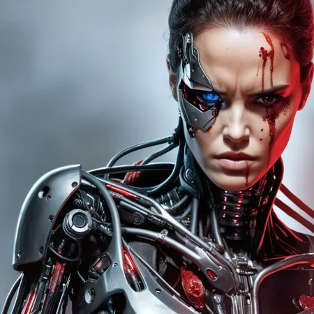 concept art of <lora:comic book magazine:1>
a woman with a bloody terminator cyborg face comic book magazine style, digital artwork, illustrative, painterly, matte painting, highly detailed