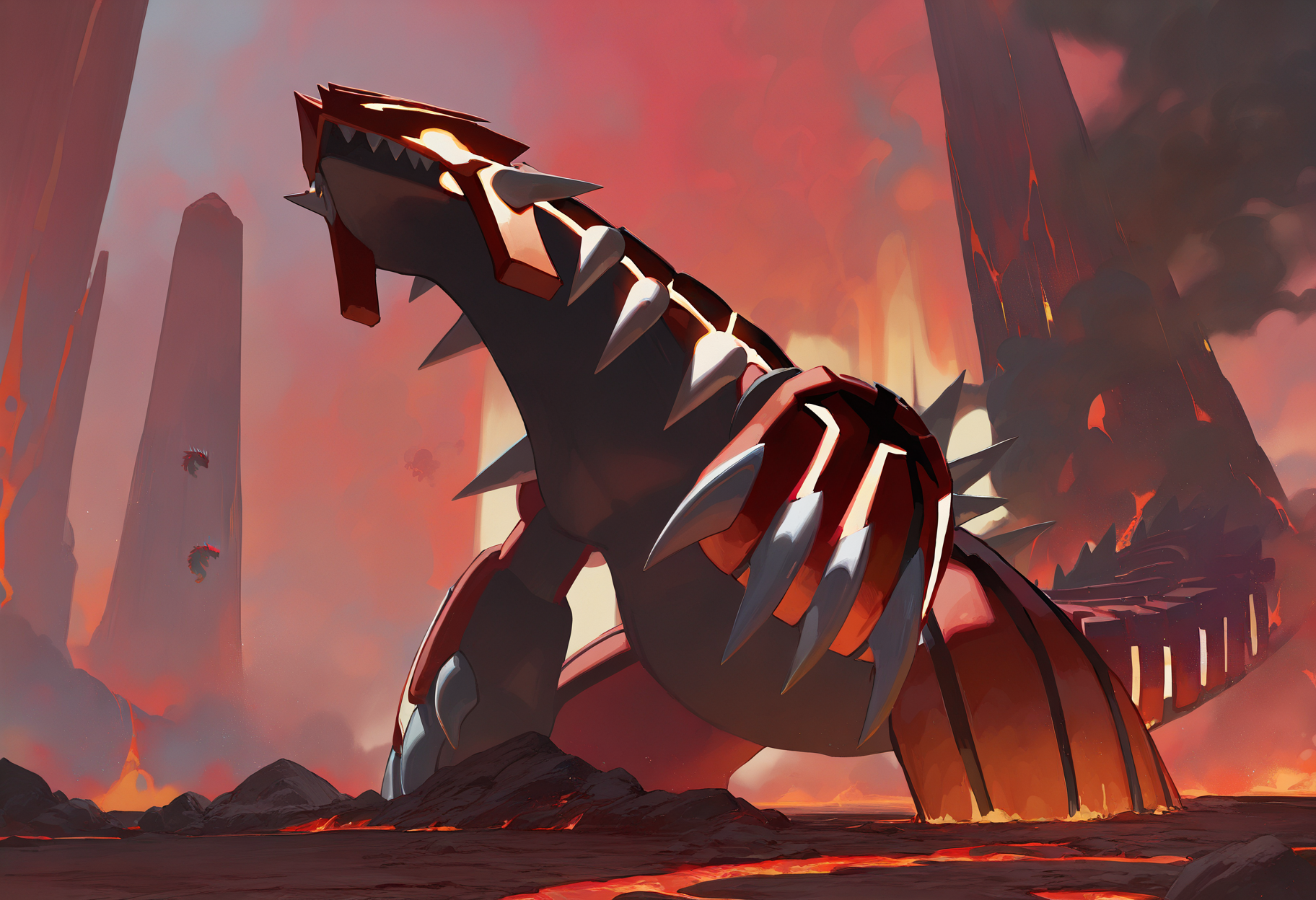artist:ciloranko,artist:modare,artist:diyokama, astero, scenery, pokemon \(creature\),
best quality, amazing quality, very aesthetic, absurdres, best quality, masterpiece, newest,
desolated, giant groudon, lava, volcano, red sky, smoke, smoke cloug, Cinematic Lighting, light particles, bubbles  <lora:AsteroIllustriousXL_byKonan:1>