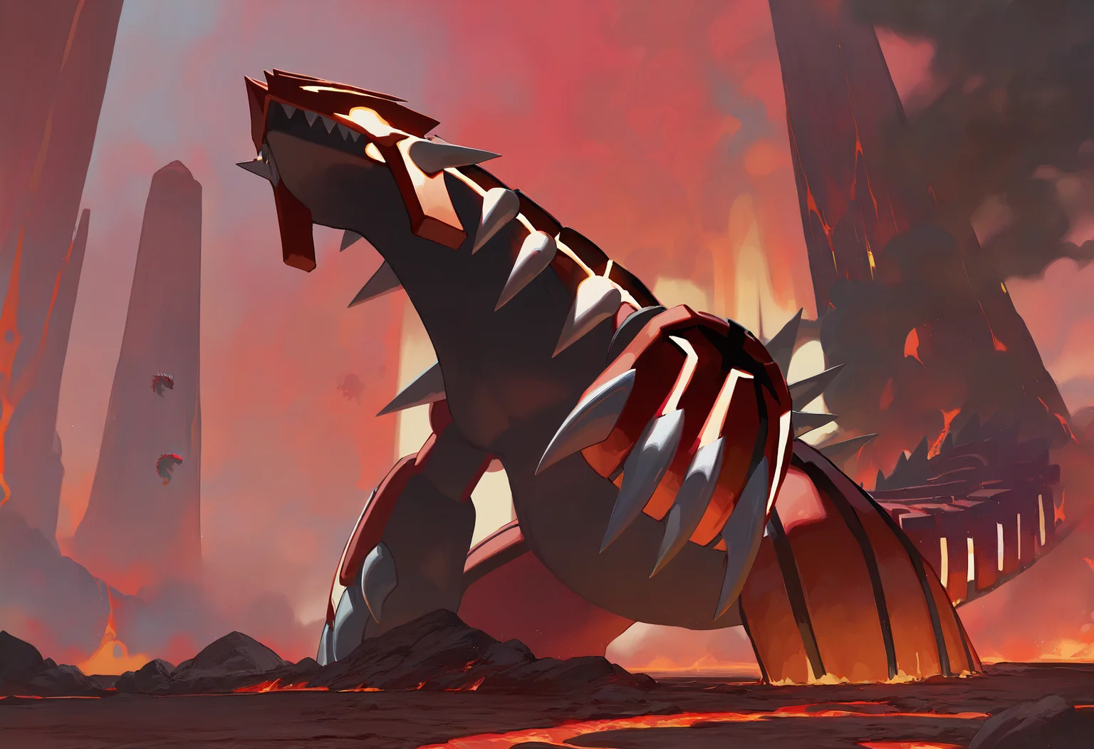 artist:ciloranko,artist:modare,artist:diyokama, astero, scenery, pokemon \(creature\),
best quality, amazing quality, very aesthetic, absurdres, best quality, masterpiece, newest,
desolated, giant groudon, lava, volcano, red sky, smoke, smoke cloug, Cinematic Lighting, light particles, bubbles <lora:AsteroIllustriousXL_byKonan:1>