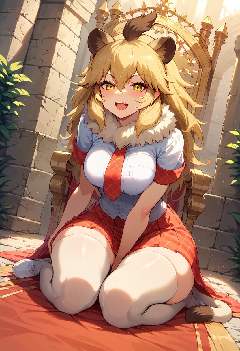 1girl, ((solo)), best quality, ultra-detailed, extremely detailed, perfect anatomy, masterpiece, score_9, score_8_up, score_7_up, Expressiveh, lion (kemono friends), blonde hair, animal ears, tail, yellow eyes, long hair, hair between eyes, white shirt, short sleeves, fur collar, red skirt, plaid skirt, red necktie, plaid necktie, thighhighs, breast pocket, white shoes, medium breasts, thick thighs, wide hips, thigh squish, full body, indoors, medieval ruins, throne room ruins, stone throne, plant overgrowth, light shining in through windows, windows on sides, sitting in throne, leaning forward, sitting pose, confident look, confident smile, smug open mouth smile, staring at viewer, dutch angle, dynamic lighting, closeup,
